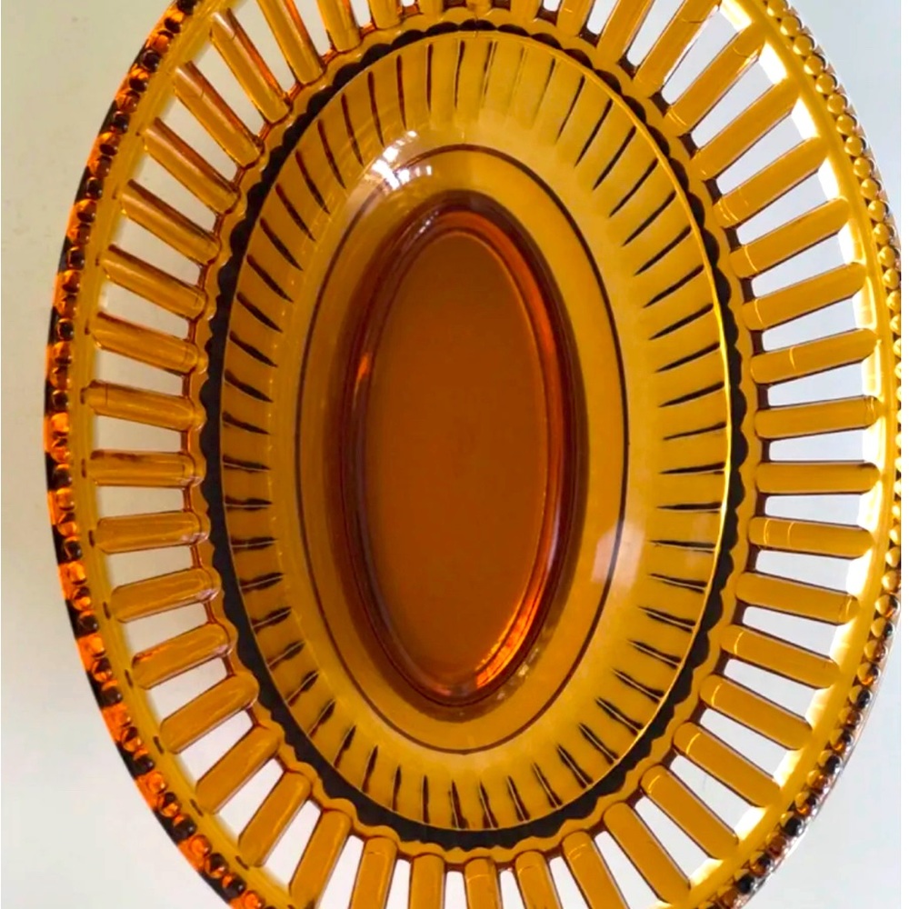 Vintage Imperial Glass Oval Amber Reticulated Footed Bowl w/ Beaded Rim